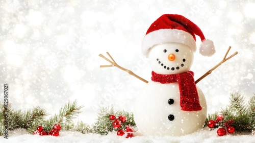 Festive snowman with stick arms and a Santa hat, standing in the snow against a bright white backdrop for a fun holiday atmosphere.