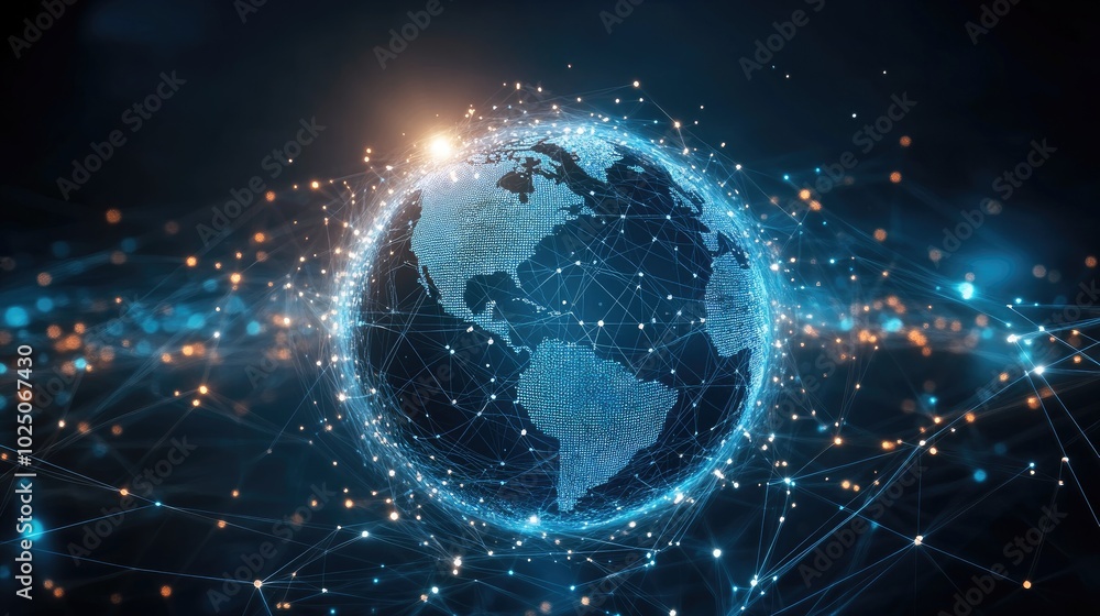 Abstract 3D globe surrounded by digital data streams and connections, representing international cyber communication.