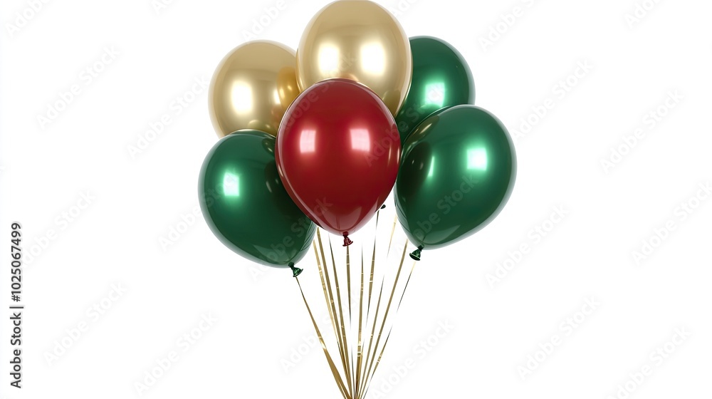 Red, green, and gold Christmas balloons in different shapes, tied with festive ribbons, isolated on a white background for party Red, green, and gold Christmas balloons in different shapes, tied with festive ribbons, isolated on a white background for party
