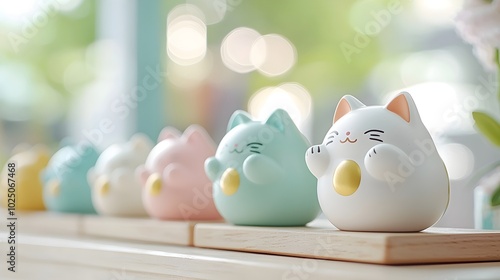 Wallpaper Mural Vibrant Maneki Neko Waving Paw - Traditional Japanese Charm for Prosperity in Colorful Shop Display Torontodigital.ca