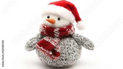 Snowman wearing a Santa hat and scarf, isolated on a white background, evoking a playful and chilly Christmas scene.