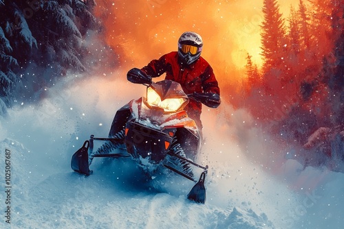 Man is riding a snowmobile in the snow. The snowmobile is covered in snow and the man is wearing a helmet. Snowmobile riding with fun in deep snow powder during backcountry tour.