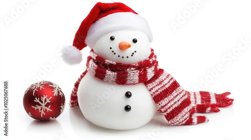 Snowman wearing a Santa hat and scarf, isolated on a white background, evoking a playful and chilly Christmas scene.