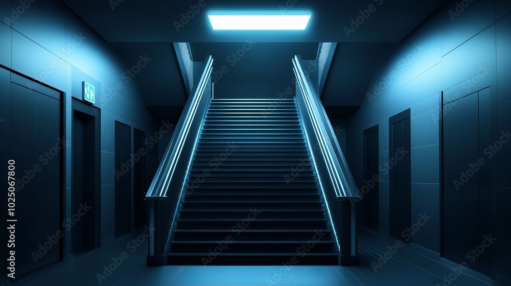 Modern Staircase in a Dark Hallway with Blue Lighting Modern Staircase in a Dark Hallway with Blue Lighting