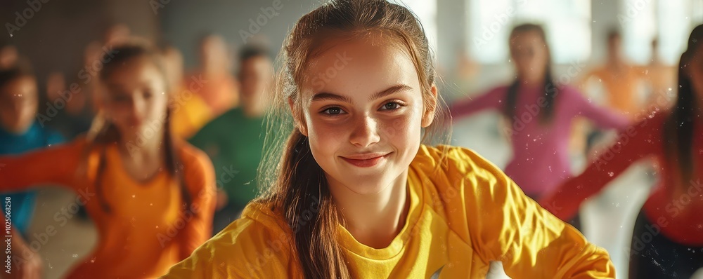 A joyful girl dancing in colorful attire, representing energy and enthusiasm in a group setting. Perfect for youth and activity themes. A joyful girl dancing in colorful attire, representing energy and enthusiasm in a group setting. Perfect for youth and activity themes.