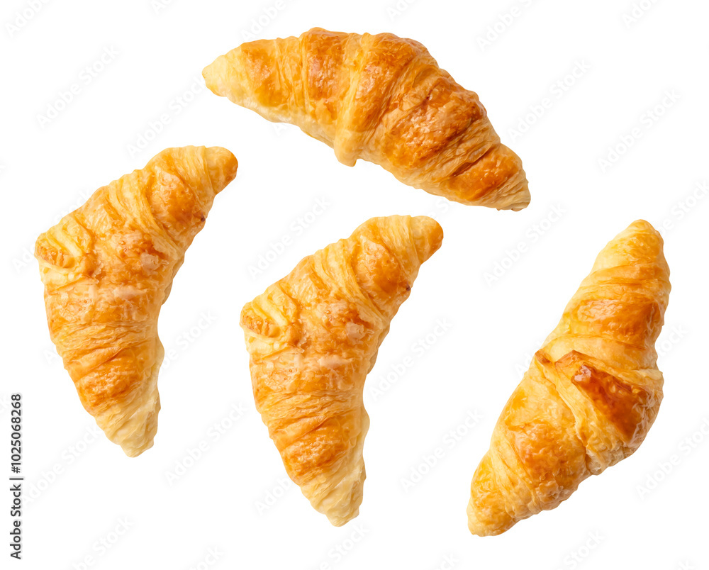 Top view set of brown croissants isolated on white background with clipping path Top view set of brown croissants isolated on white background with clipping path