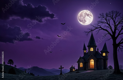 old castle or church with cemetery in the background halloween greeting card