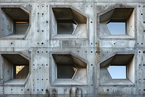 Unique Architectural Design Featuring Geometric Windows in Concrete Wall photo