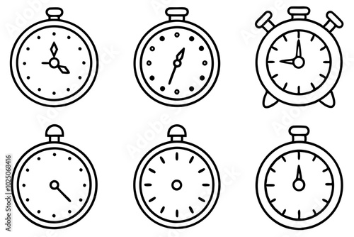 Set of clock or timepiece line art,hand drawn flower vector illustration on white background.