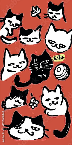 Seamless pattern featuring playful, hand-drawn cartoon cats on a red background. The minimalistic black and white cat illustrations create a fun, whimsical texture suitable for prints and fabrics.