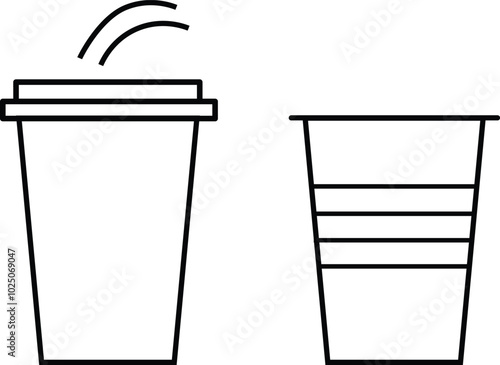 plastic cup with line vector silhouette,bottle with water.