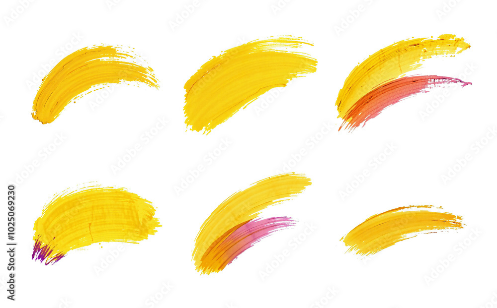 lively yellow and pink brush stroke texture set, arc and lines, isolated on white, paint and organic watercolor style lively yellow and pink brush stroke texture set, arc and lines, isolated on white, paint and organic watercolor style