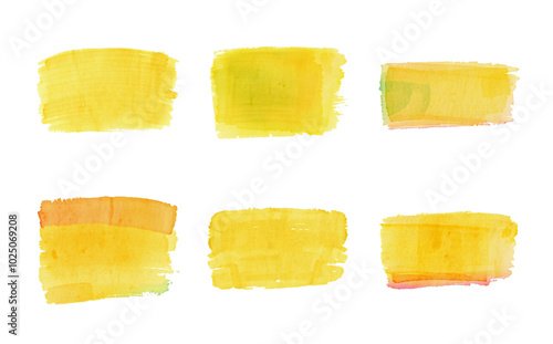 natural yellow brush stroke texture set, rectangle box, isolated on white, paint and organic watercolor style photo