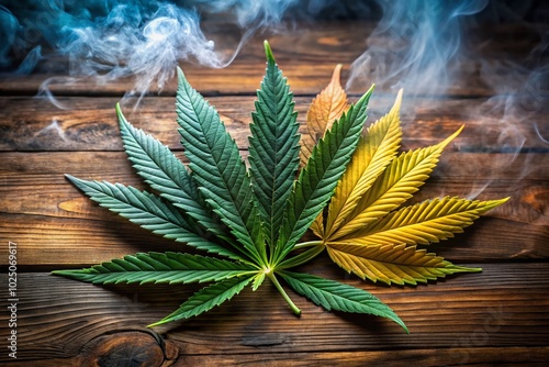 Cannabis Sativa Leaves with Smoke on Wooden Table for Medical Use - Legal Marijuana Concept and Natural Healing