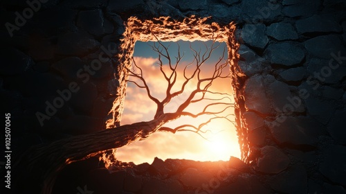 Ancient gnarled tree with bare branches scraping against the second story window of a decaying house a single flickering candlelight visible through a dusty pane. photo