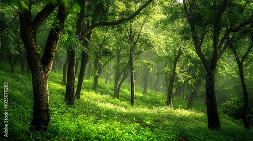 Sunlight filtering through dense forest canopy, illuminating lush green foliage on the forest floor.