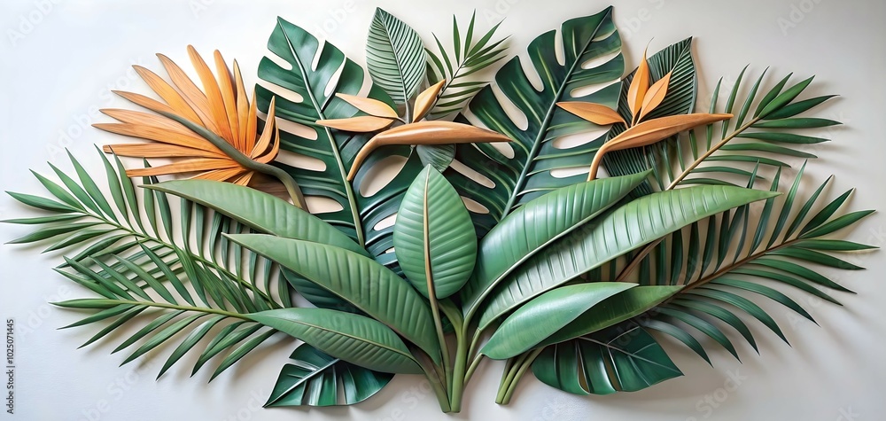 Fototapeta premium Tropical Paradise: A vibrant arrangement of handcrafted bird of paradise flowers and lush tropical leaves creates a stunning, exotic display.