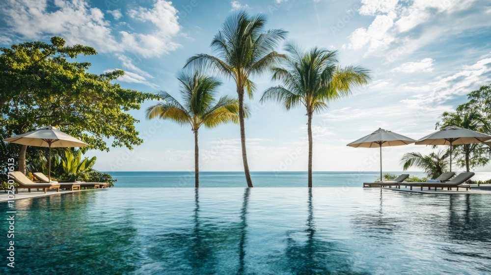 Palm Trees and Sun Umbrellas by the Infinity Pool with Ocean View Palm Trees and Sun Umbrellas by the Infinity Pool with Ocean View