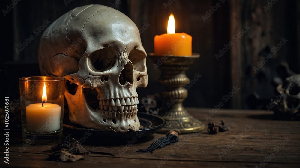 Dark mystical illustration of an aged skull on a rustic wooden table lit by candles. Black magic cranium occult rituals gothic Halloween background concept. Dark mystical illustration of an aged skull on a rustic wooden table lit by candles. Black magic cranium occult rituals gothic Halloween background concept.