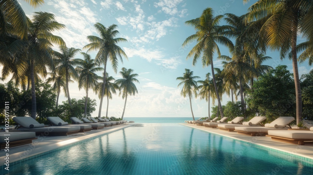 Tropical Swimming Pool with Lounge Chairs and Palm Trees Tropical Swimming Pool with Lounge Chairs and Palm Trees