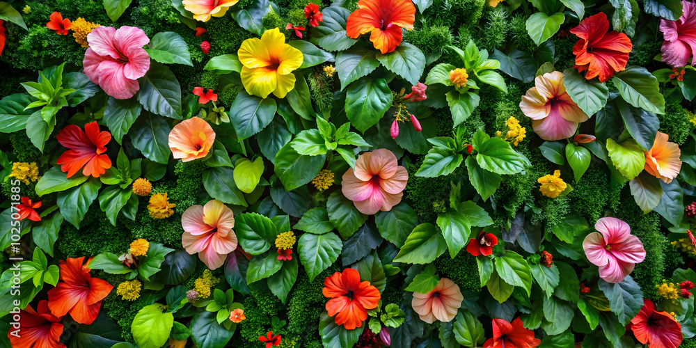 Obraz premium Hibiscus Paradise: A vibrant tapestry of tropical beauty, featuring a lush abundance of hibiscus flowers in various hues of pink, yellow, red, and orange.