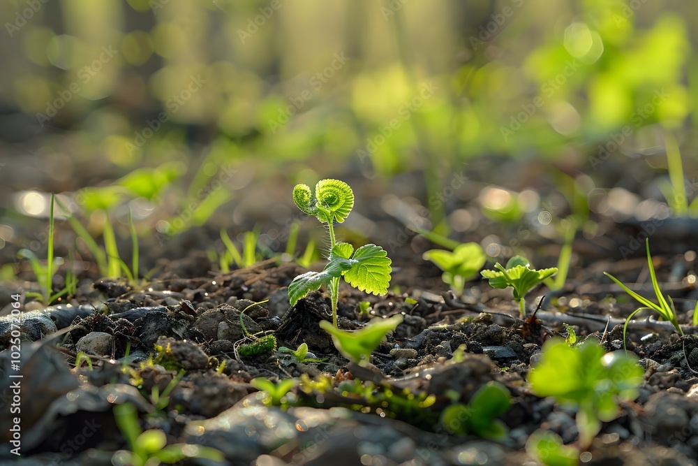 Fototapeta premium Fresh Green Sprouts Emerging from Rich Soil in a Sunlit Environment