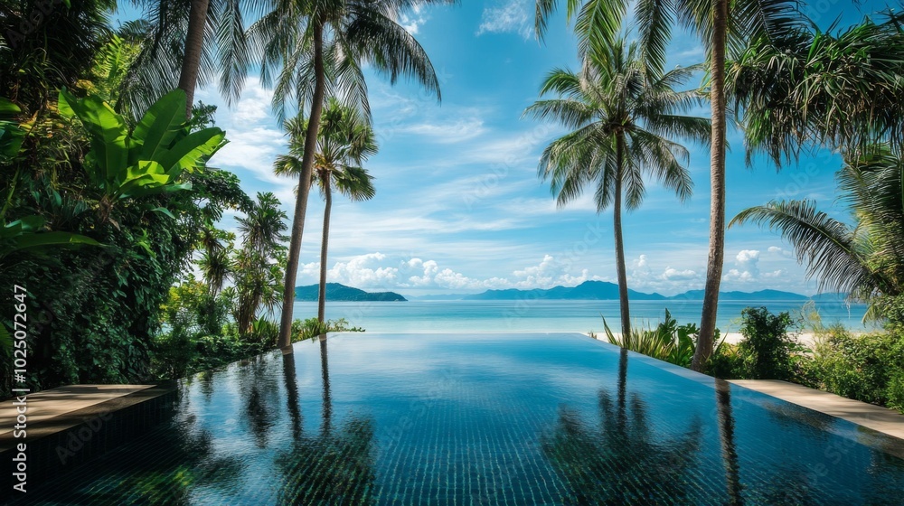Infinity Pool Overlooking a Tropical Island and Ocean Infinity Pool Overlooking a Tropical Island and Ocean