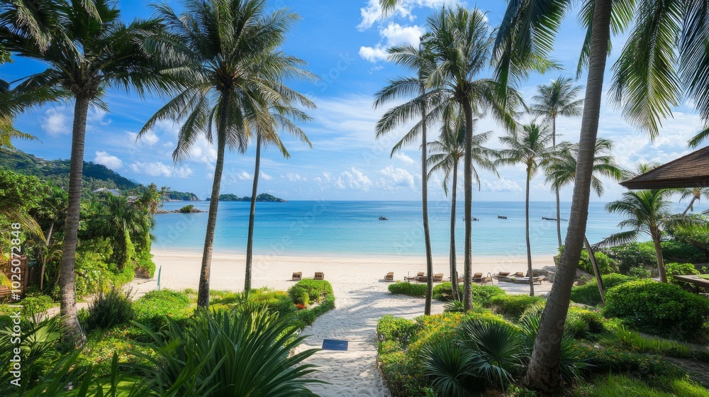 Lush Tropical Landscape with Palm Trees and a Tranquil Beach View Lush Tropical Landscape with Palm Trees and a Tranquil Beach View