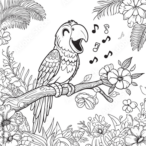 Coloring book for kids Worksheets for teachers to teach happy Macaw parrot singing in the forest.