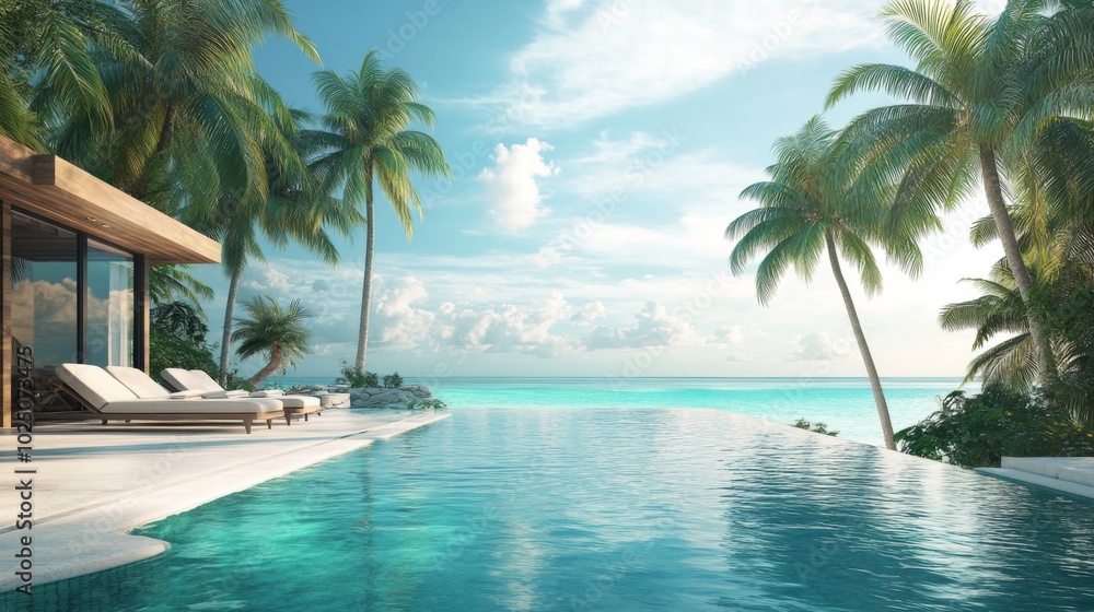 Fototapeta premium Infinity Pool Overlooking Tropical Ocean With Palm Trees