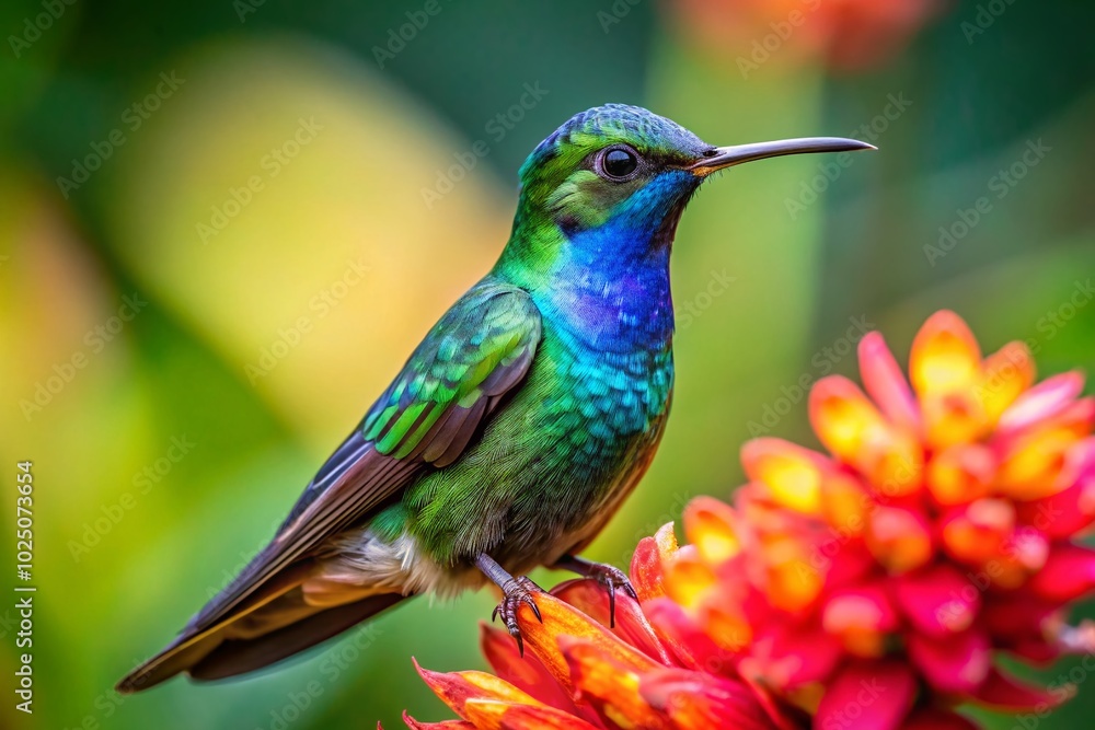 Fototapeta premium Captivating Sylph Hummingbird Perched on a Vibrant Flower in Tropical Rainforest Setting