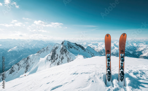 Ski in snow in winter season, mountains and ski items or equipments on the top of mountains photo