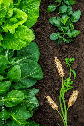 Fresh greens and grains on dark soil