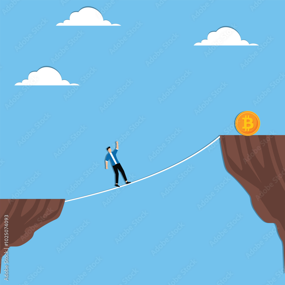 Businessman climb Bitcoin with rope, business competition