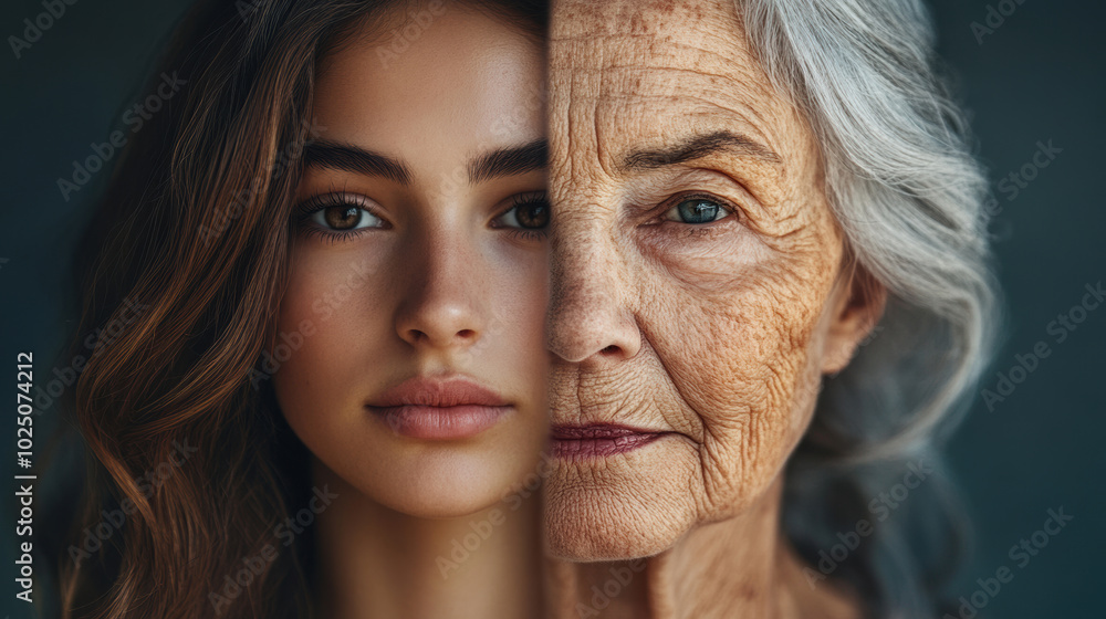 Split portrait of young woman and elderly woman showing aging transformation, side-by-side comparison, face, youth, old age, wrinkles, life stages, beauty, time, evolution, human aging Split portrait of young woman and elderly woman showing aging transformation, side-by-side comparison, face, youth, old age, wrinkles, life stages, beauty, time, evolution, human aging