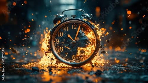 Vintage alarm clock exploding with intense fire and sparks, symbolizing urgency, time pressure, and destruction, dramatic explosion, countdown concept, burning clock, chaos, intense heat, fiery flames