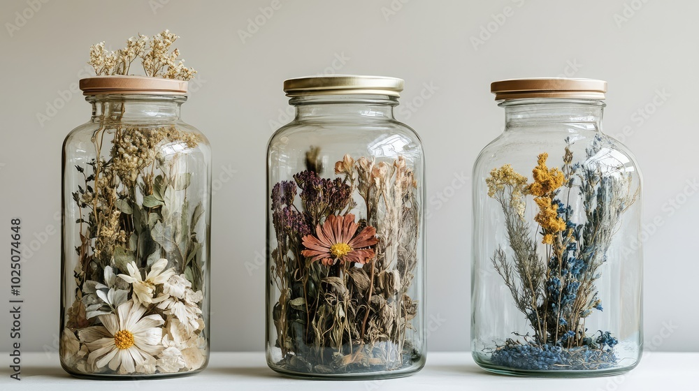 A glass jar filled with preserved botanical elements, including dried flowers and herbs, creating an earthy, natural aesthetic A glass jar filled with preserved botanical elements, including dried flowers and herbs, creating an earthy, natural aesthetic