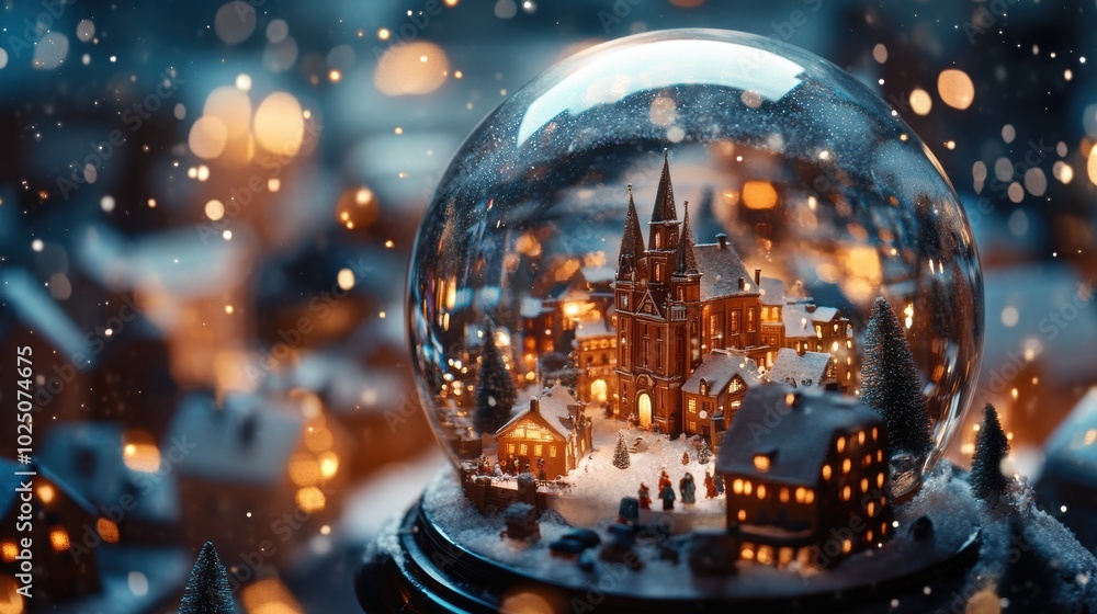 A close-up of a glass snow globe with a miniature city in holiday season inside, with snowfall effect A close-up of a glass snow globe with a miniature city in holiday season inside, with snowfall effect