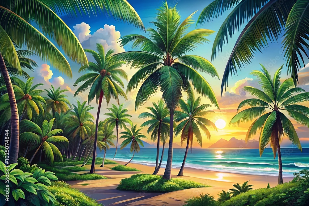 Cartoon Tropical Palm Trees Vector Illustration with Coconut Palms, Leaves, and Beach Vibes from Hawaii, Miami, and Cartoon Tropical Palm Trees Vector Illustration with Coconut Palms, Leaves, and Beach Vibes from Hawaii, Miami, and