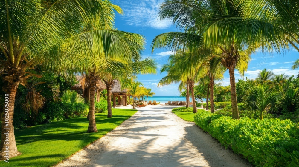 Tropical Pathway Leading to a Beach with Palm Trees and Loungers Tropical Pathway Leading to a Beach with Palm Trees and Loungers