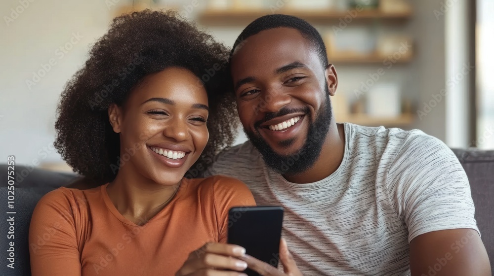 Couple using a smartphone for a video chat with friends, relaxed in their living room. Clean image with minimal distractions. Couple using a smartphone for a video chat with friends, relaxed in their living room. Clean image with minimal distractions.