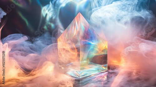 A glass prism surrounded by swirling smoke, with light refracting through the glass and smoke, creating a surreal and colorful atmosphere