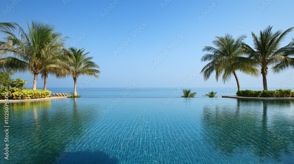 Infinity Pool Overlooking Tropical Sea and Palm Trees Infinity Pool Overlooking Tropical Sea and Palm Trees