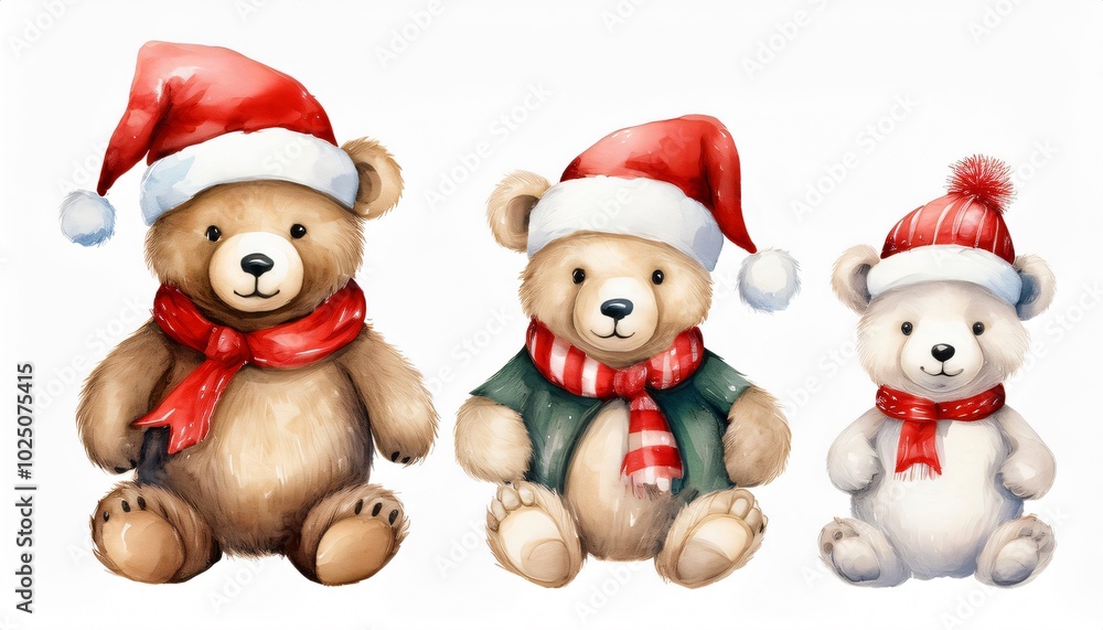 Three cute teddy bears wearing christmas clothes sitting Three cute teddy bears wearing christmas clothes sitting
