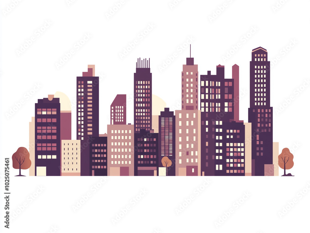 An illustration of modern city buildings, simple flat design with clean lines in shades of brown and purple on a white background.