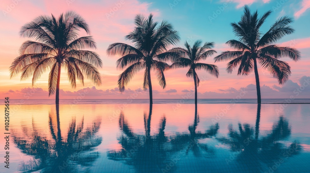 Silhouetted Palm Trees Reflecting in a Pool at Sunset Silhouetted Palm Trees Reflecting in a Pool at Sunset