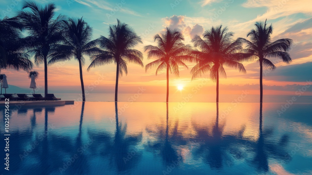 Palm Trees Silhouetted Against a Sunset Over a Tranquil Pool Palm Trees Silhouetted Against a Sunset Over a Tranquil Pool