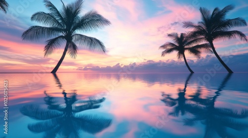 Palm Trees Reflected in Calm Water at Sunset