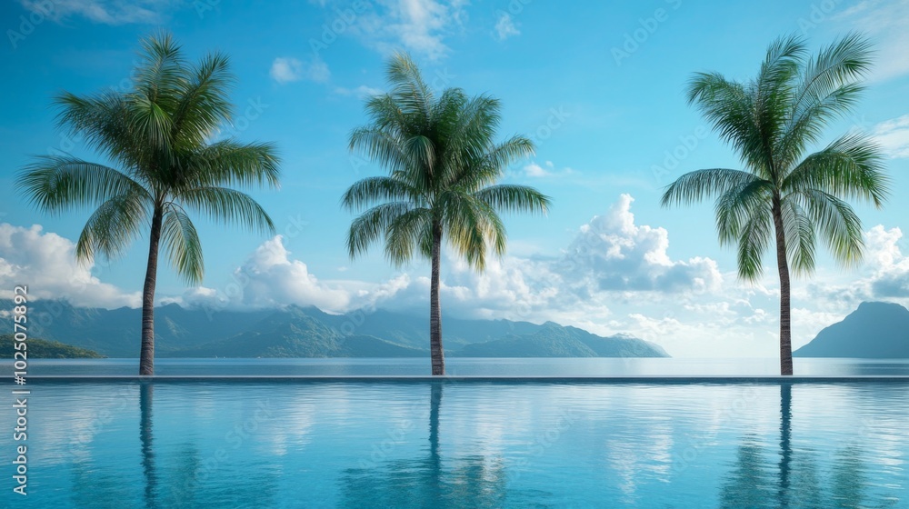 Three Palm Trees Framing a Pool and Distant Mountains Three Palm Trees Framing a Pool and Distant Mountains