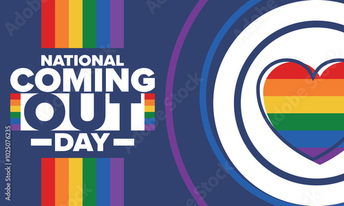 National Coming Out Day. Happy holiday. Pride month. LGBT rainbow flag. Diversity and equality. Gay and lesbian. Free love, heart shape. Illustration. Vector poster